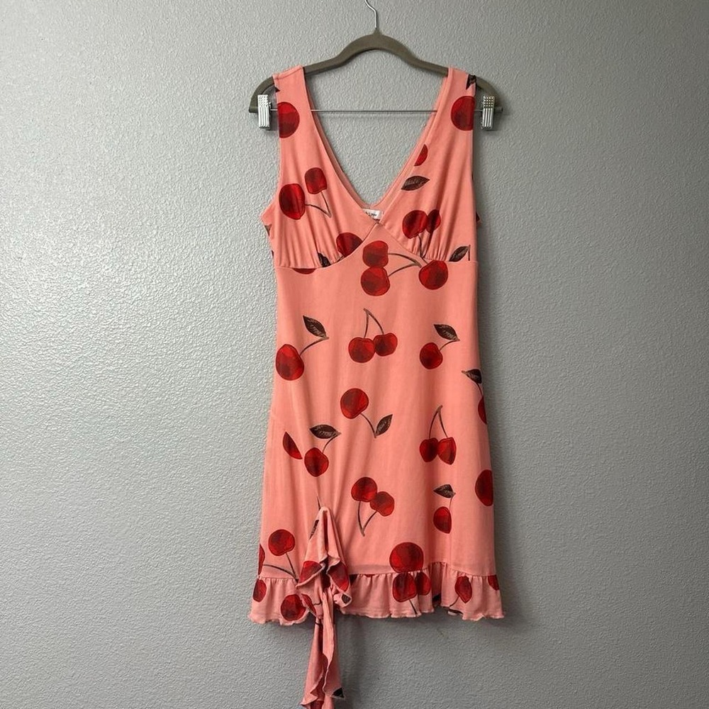 Stitch & Pine Cherry Print Pink Mini Dress with Ruffle Hem